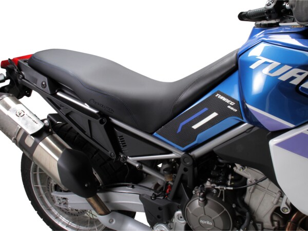 REVolution OEM Motorcycle Seat Upgrade for the Aprilia Tuareg 660 2022+ with black Performance Plus upholstery.